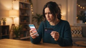Persona revisando movimientos sospechosos en su tarjeta bancaria desde un teléfono celular para identificar un fraude con tarjeta usada por terceros