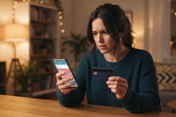 Persona revisando movimientos sospechosos en su tarjeta bancaria desde un teléfono celular para identificar un fraude con tarjeta usada por terceros