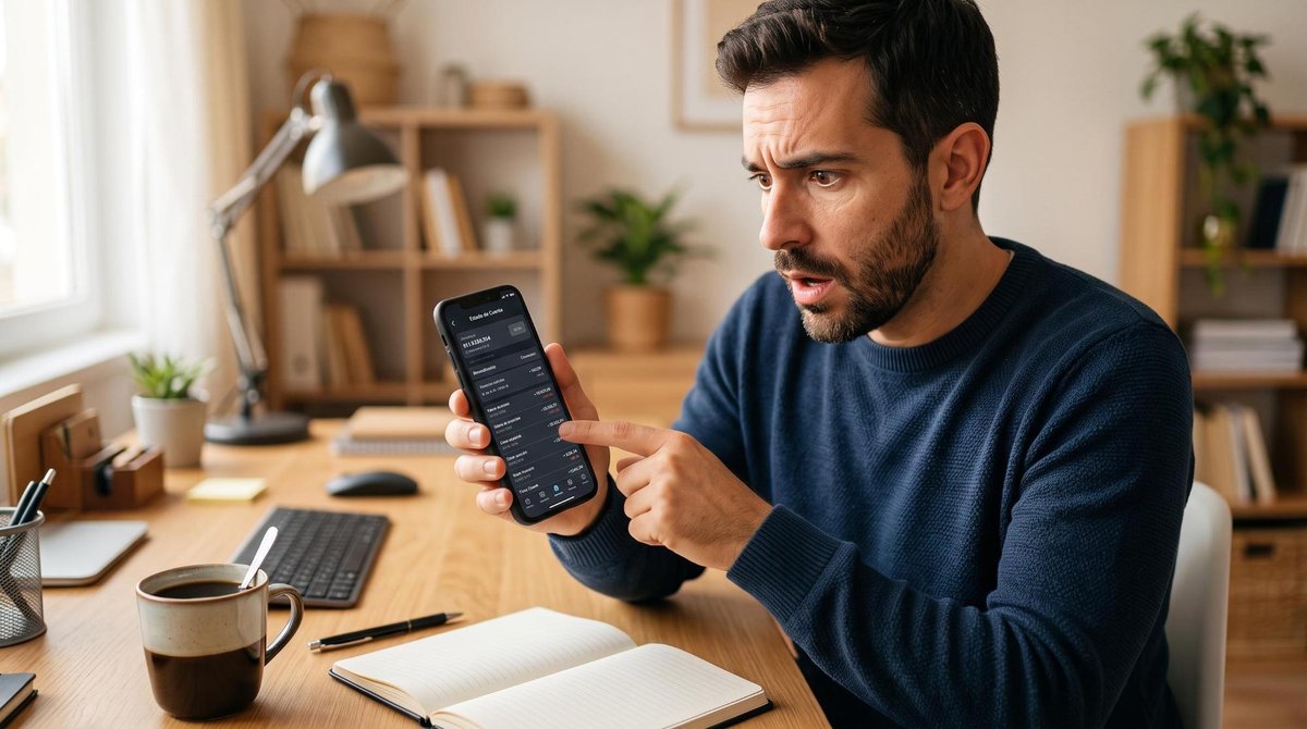 Manos revisando el estado de cuenta bancario en una pantalla de smartphone con expresión de sorpresa al descubrir cargos no reconocidos, escritorio or