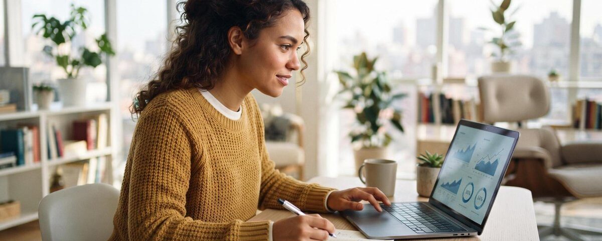 Persona revisando su reporte de crédito en una laptop para identificar deudas pendientes y mejorar su historial crediticio