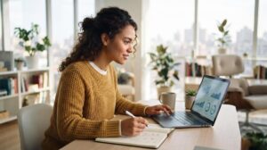 Persona revisando su reporte de crédito en una laptop para identificar deudas pendientes y mejorar su historial crediticio