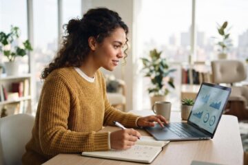 Persona revisando su reporte de crédito en una laptop para identificar deudas pendientes y mejorar su historial crediticio