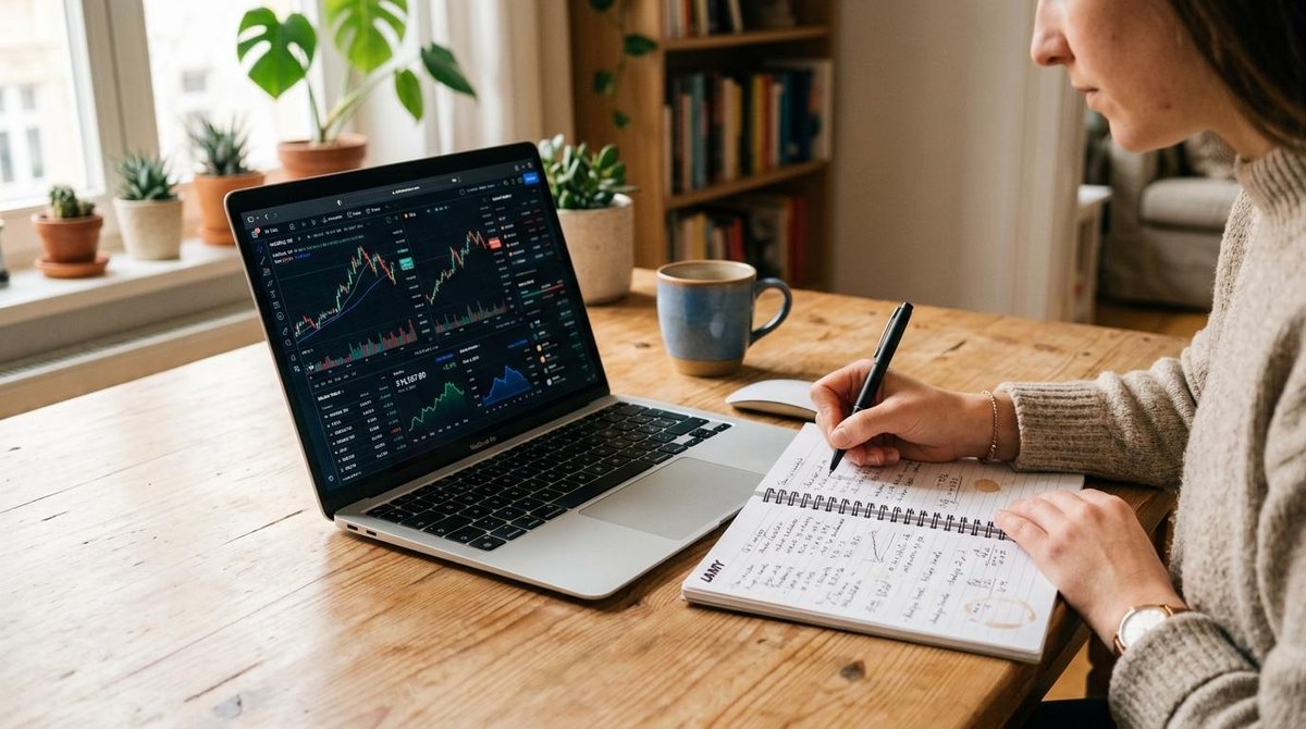Primer plano de una laptop abierta mostrando gráficos y datos financieros en la pantalla, con una persona tomando notas en una libreta sobre una mesa