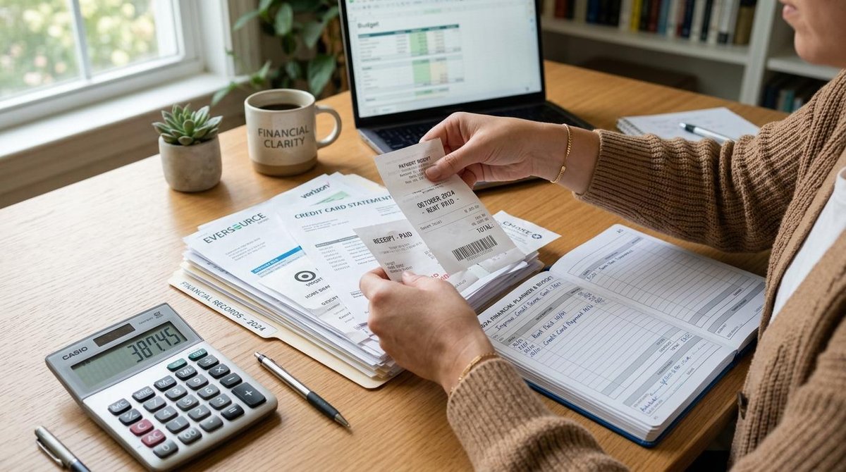 Manos organizando documentos financieros y recibos de pago sobre una mesa de trabajo limpia, con una calculadora y un planner abierto, representando e