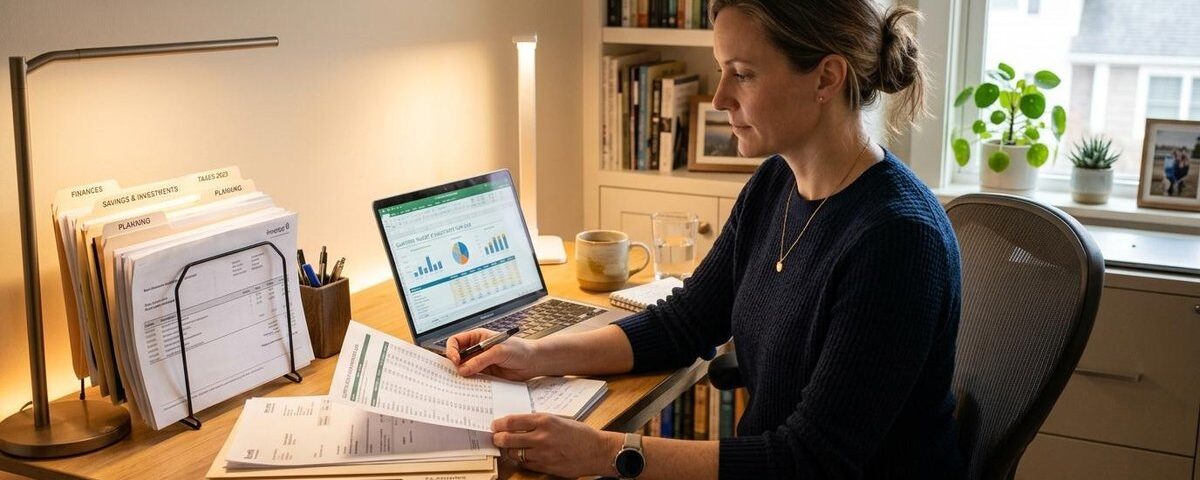 Persona revisando su situación financiera personal con una hoja de cálculo abierta en una laptop, como parte de una auditoría de finanzas a los 40 años