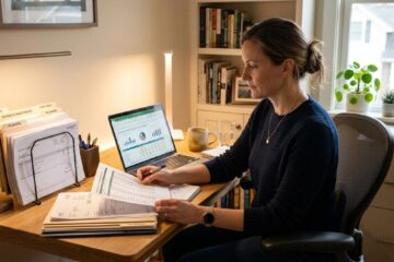 Persona revisando su situación financiera personal con una hoja de cálculo abierta en una laptop, como parte de una auditoría de finanzas a los 40 años