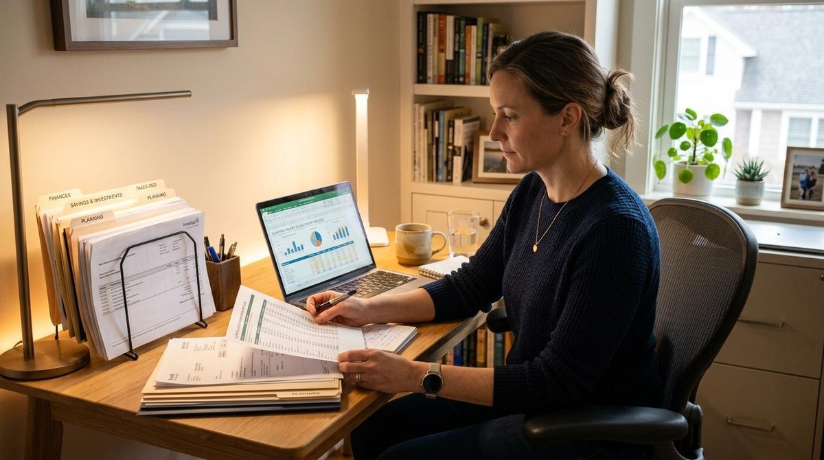 Persona revisando su situación financiera personal con una hoja de cálculo abierta en una laptop, como parte de una auditoría de finanzas a los 40 años
