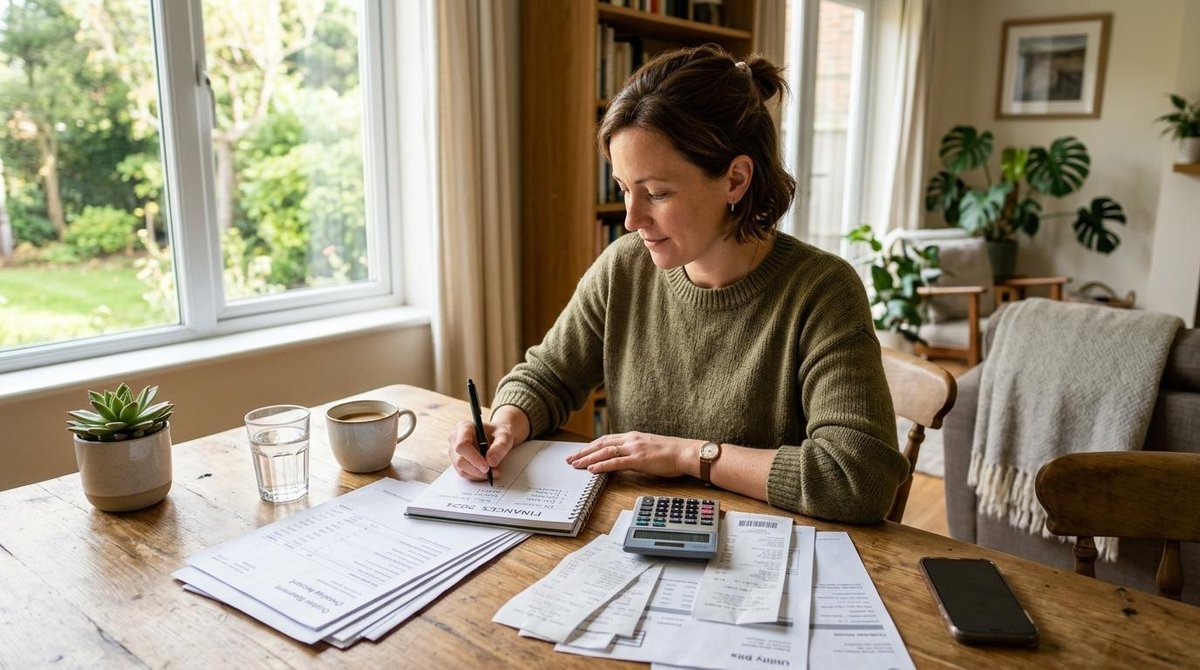 Una persona adulta realizando un inventario financiero sobre una mesa de madera, anotando ingresos y gastos en una libreta junto con recibos y estados