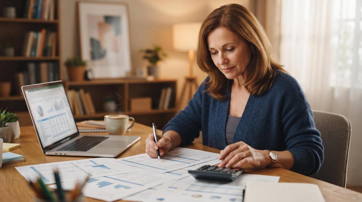 Una persona de mediana edad revisando documentos de inversión y calculando su patrimonio neto con una calculadora junto a una laptop