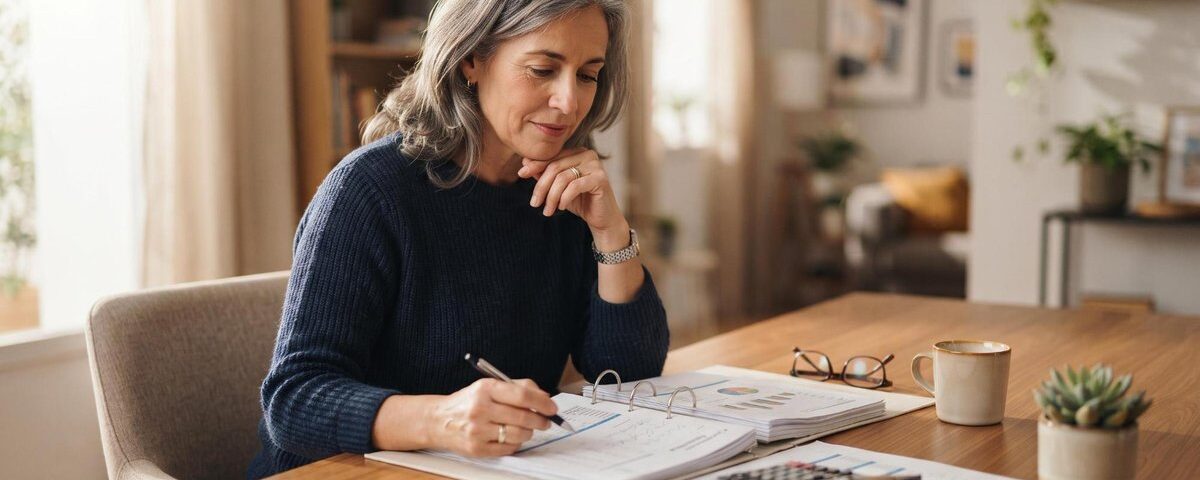 Persona revisando documentos financieros y haciendo cálculos en una libreta para reorganizar sus finanzas personales a los 50 años