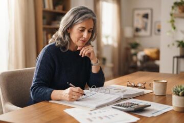 Persona revisando documentos financieros y haciendo cálculos en una libreta para reorganizar sus finanzas personales a los 50 años