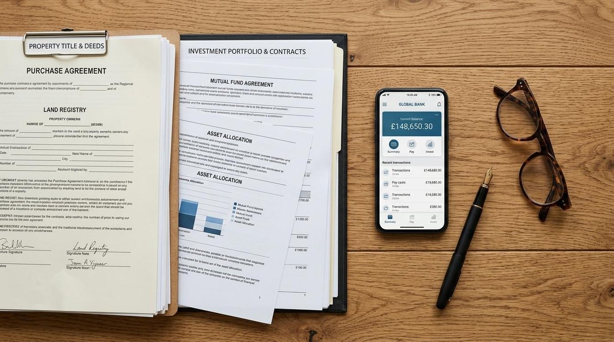 Vista superior de documentos de propiedad, contratos de inversión y un smartphone mostrando una aplicación bancaria, organizados sobre una mesa de mad
