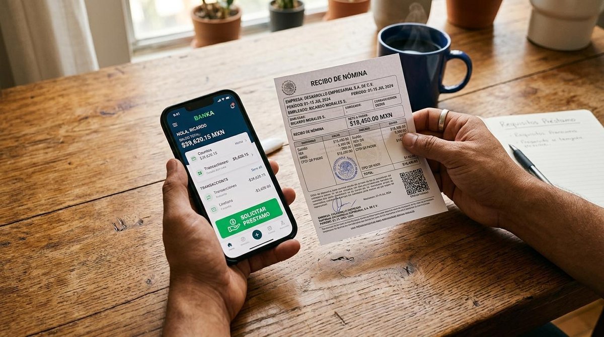 Manos sosteniendo un recibo de nómina mexicano junto a un smartphone que muestra una aplicación bancaria abierta, sobre una superficie de madera con t