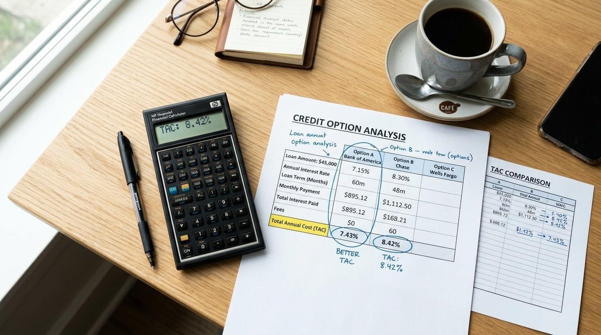Vista superior de una calculadora financiera, documentos con números y una taza de café sobre un escritorio limpio con luz natural, representando el a