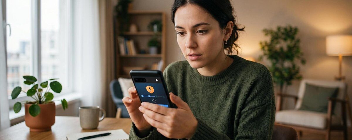 Persona revisando el historial de compras en su celular para iniciar un reclamo por compra no recibida en Mercado Pago