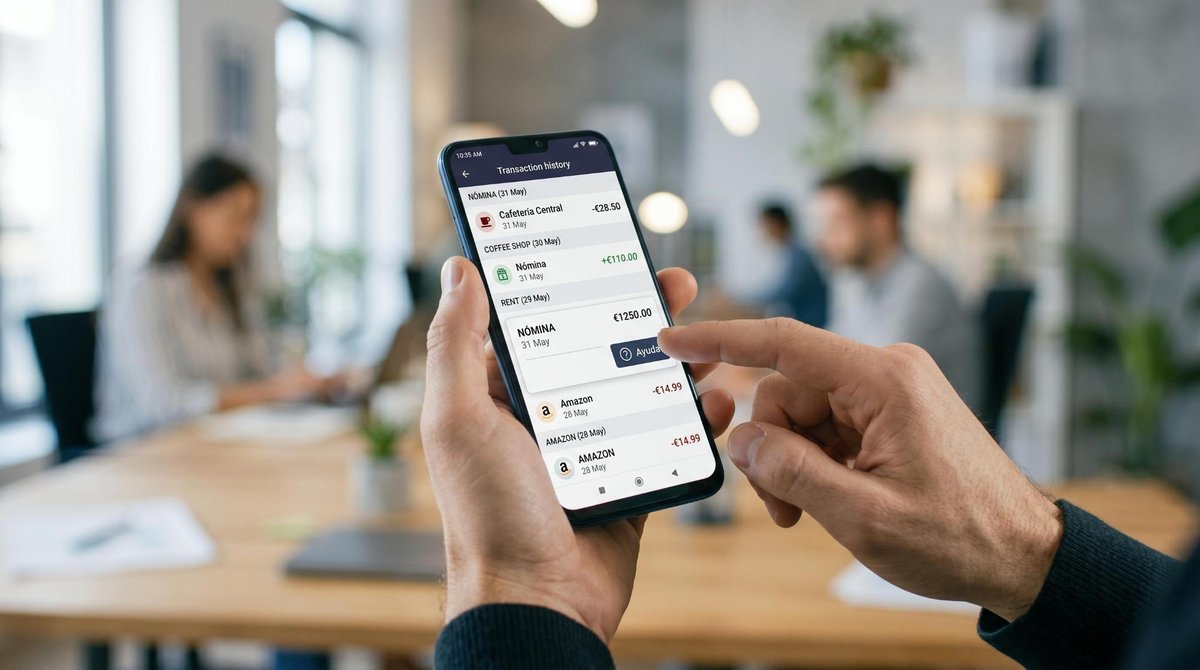 Manos utilizando un smartphone para navegar por el historial de transacciones en una aplicación de pagos, con el dedo seleccionando la opción de ayuda