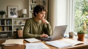 Persona revisando su historial crediticio en una laptop para entender cuánto tiempo tarda en borrarse un registro del Buró de Crédito