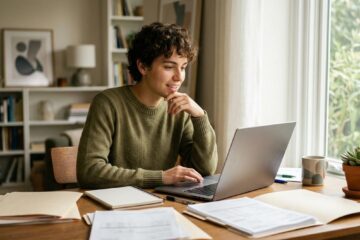Persona revisando su historial crediticio en una laptop para entender cuánto tiempo tarda en borrarse un registro del Buró de Crédito
