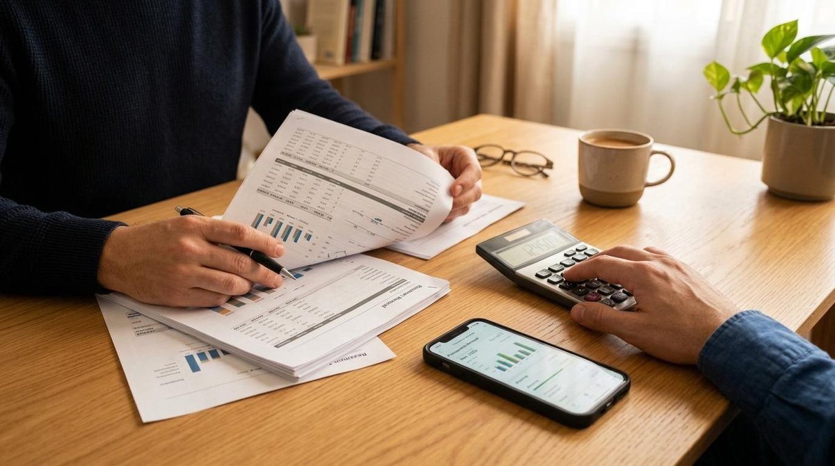 Manos profesionales sosteniendo documentos financieros junto a una calculadora y un smartphone sobre una mesa limpia de trabajo, con iluminación cálid