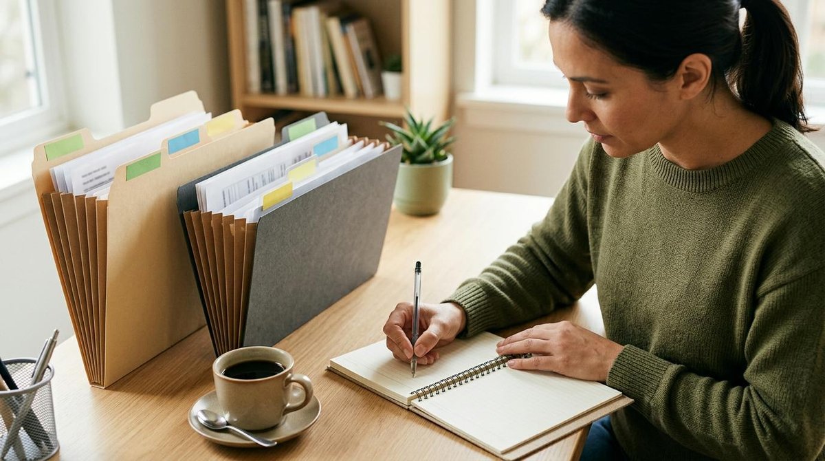 Una persona escribiendo notas en una libreta junto a documentos de deuda organizados en carpetas sobre un escritorio ordenado con una taza de café, re