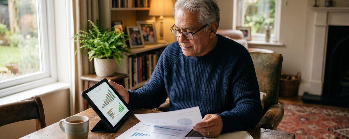 Persona adulta mayor revisando sus estados de cuenta en una tablet para proteger sus ahorros