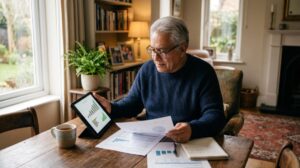 Persona adulta mayor revisando sus estados de cuenta en una tablet para proteger sus ahorros