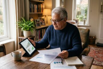 Persona adulta mayor revisando sus estados de cuenta en una tablet para proteger sus ahorros