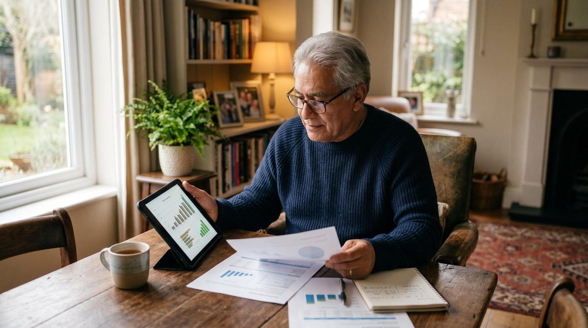 Persona adulta mayor revisando sus estados de cuenta en una tablet para proteger sus ahorros