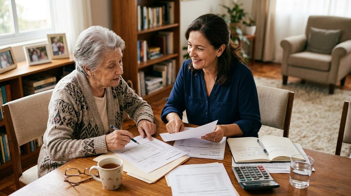 Una persona adulta mayor conversando con un familiar de mediana edad alrededor de una mesa de sala, ambos revisando estados de cuenta bancarios y docu