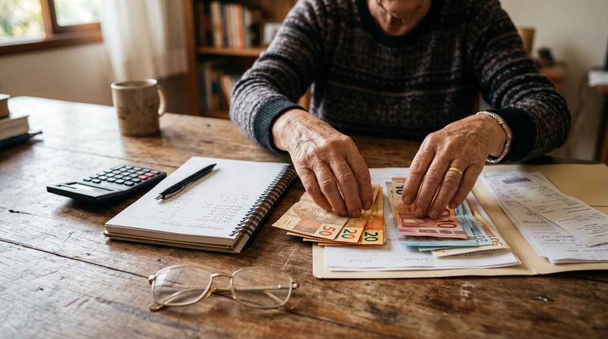 Manos de una persona adulta mayor organizando billetes y documentos financieros sobre una mesa de madera, junto a una calculadora, una libreta con ano