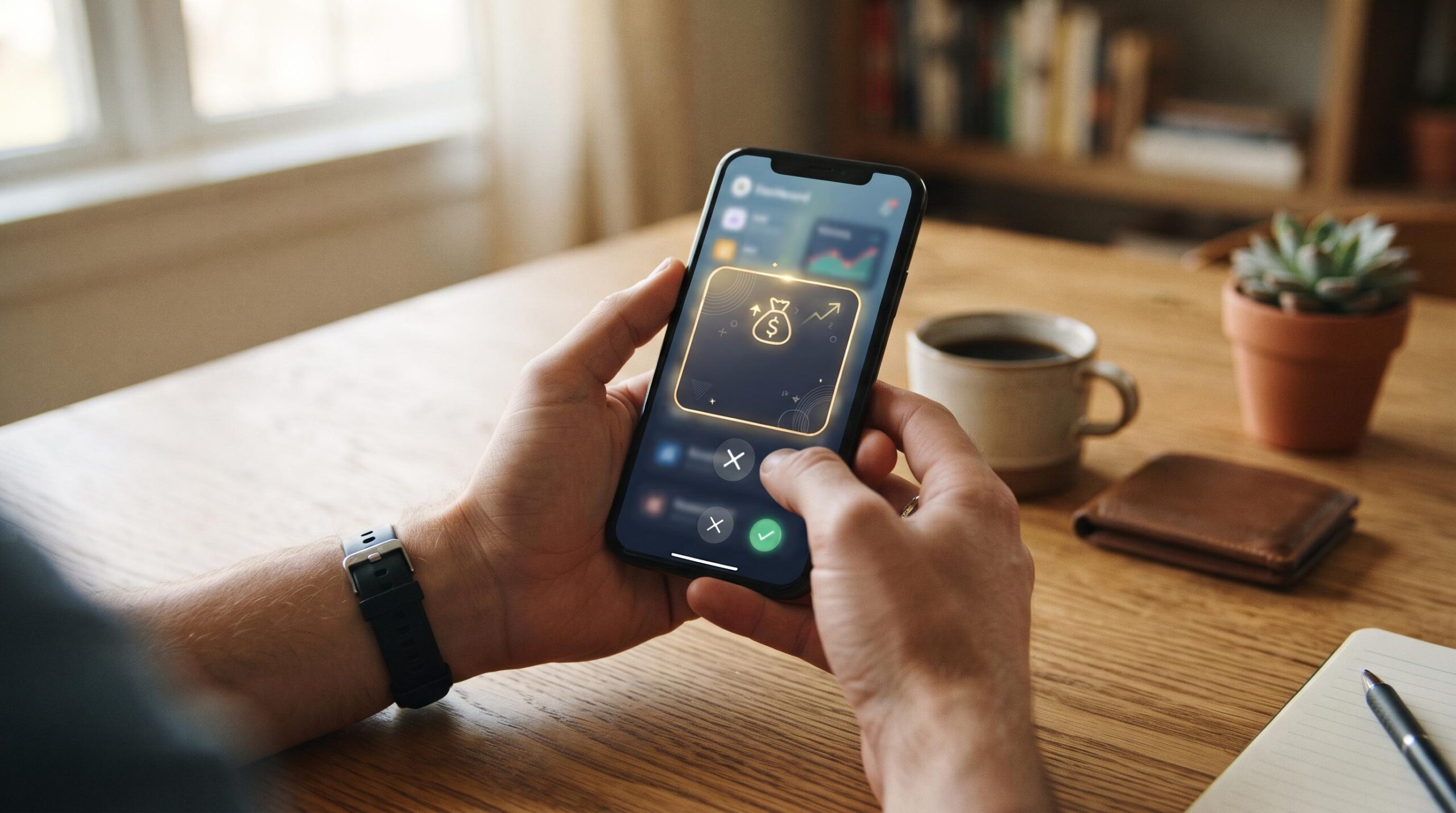 Cómo funciona el nuevo crédito de Mercado Pago para individuales y qué opciones ofrece 1 Manos sosteniendo un teléfono móvil que muestra una notificación de oferta de crédito personalizada, sobre una mesa de madera con tonos cálidos