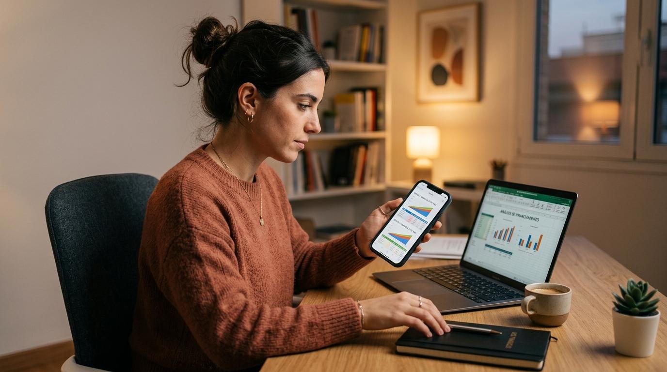 Cómo funciona el nuevo crédito de Mercado Pago para individuales y qué opciones ofrece 2 Persona comparando distintas opciones de financiamiento en su teléfono mientras está sentada frente a un escritorio ordenado con una laptop, tonos cálidos
